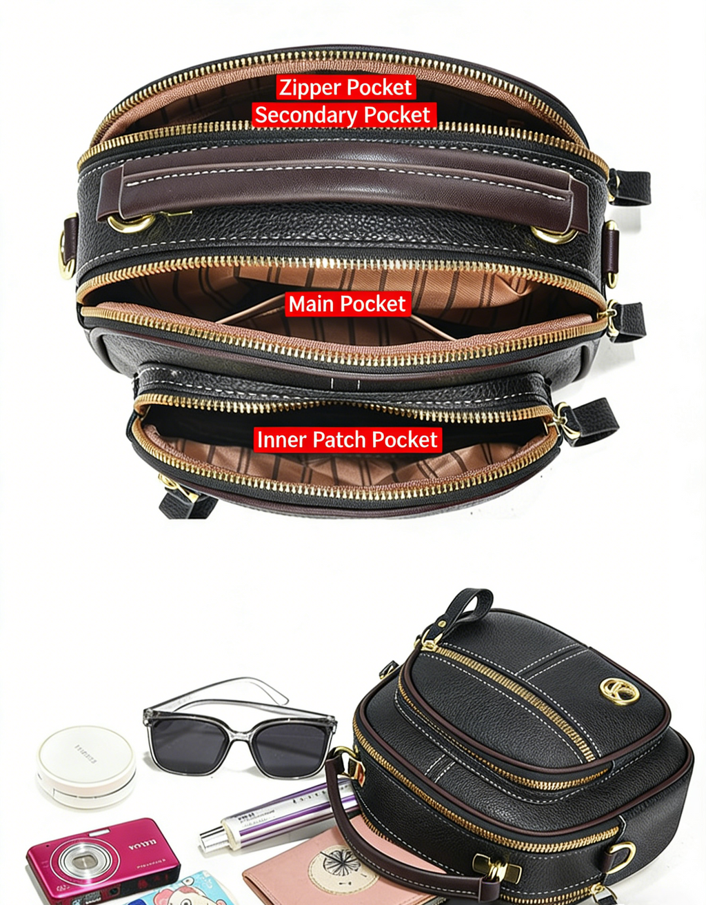 Women's Multi-Zip Compact Satchel — Premium Convertible Shoulder & Crossbody Bag with Curated Organization & Elevated Everyday Style