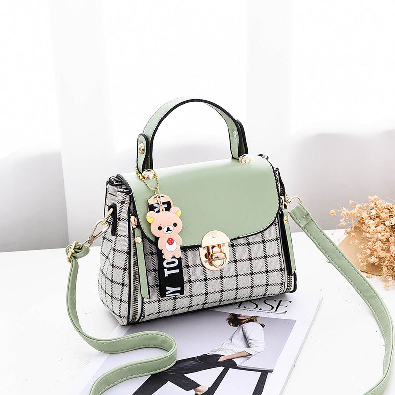 Women's Tartan-Trim Mini Crossbody - 3-Way Convertible Bag w/ Color-Block & Enamel Charms, Textured PU Small Purse